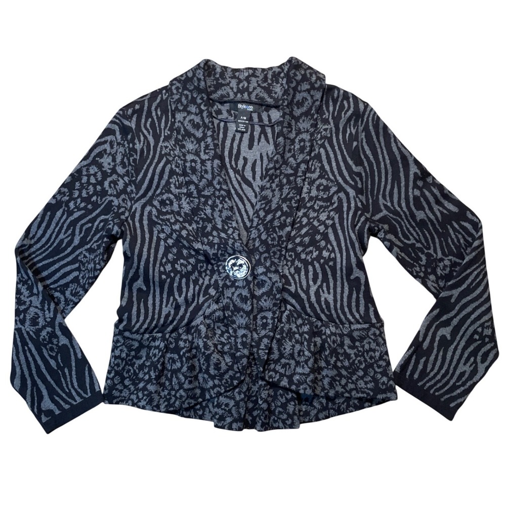 Style & Co Black Gray Zebra Animal Print Blazer Jacket‎ Women Size M Cotton BOHO